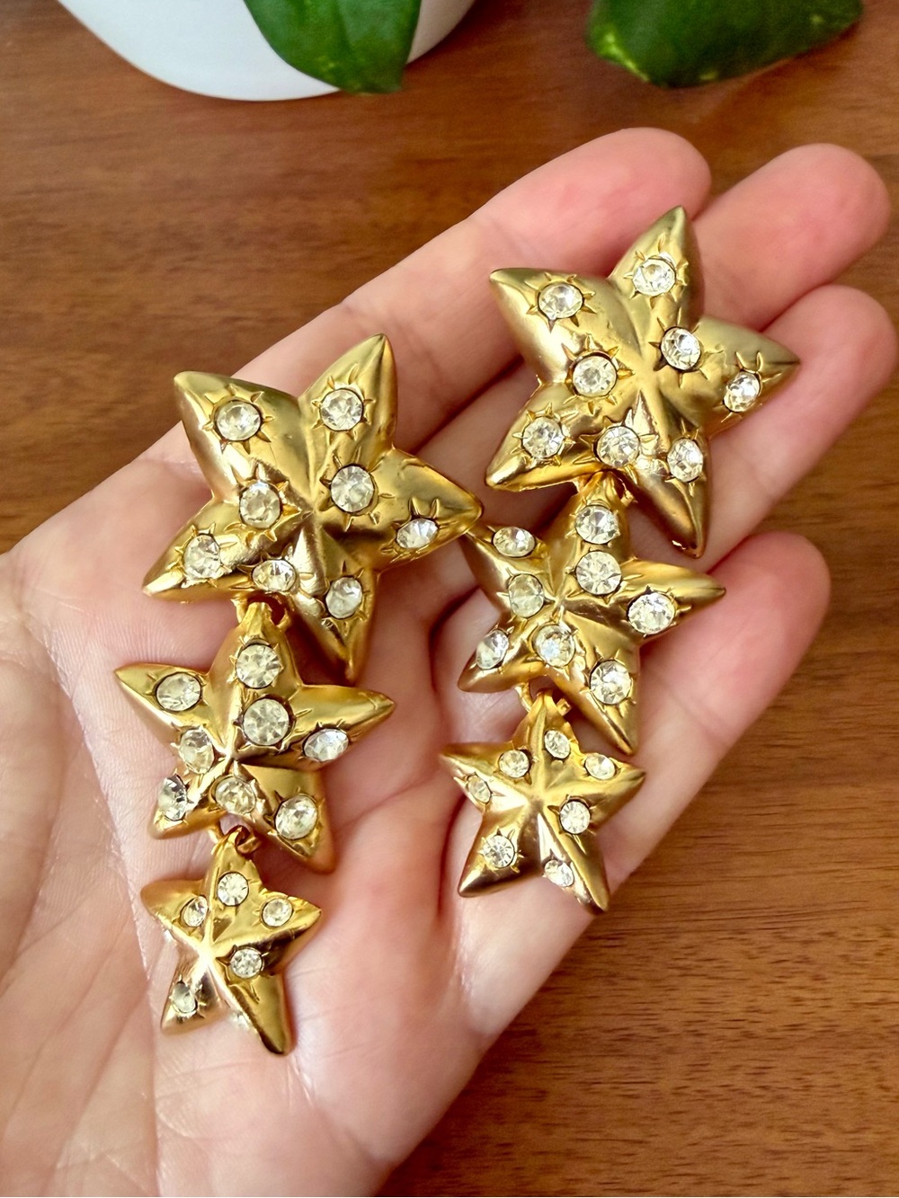 Vintage Gold Tone Stars & Crystals Triple Star Dangle Clip On Earrings Celestial